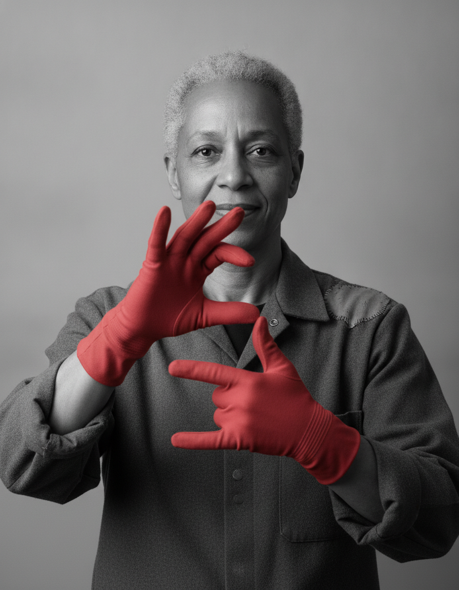 Create a photorealistic 4:5 editorial portrait of an adult community-theater sign-language interpreter, framed from mid-chest upward and centered against a plai