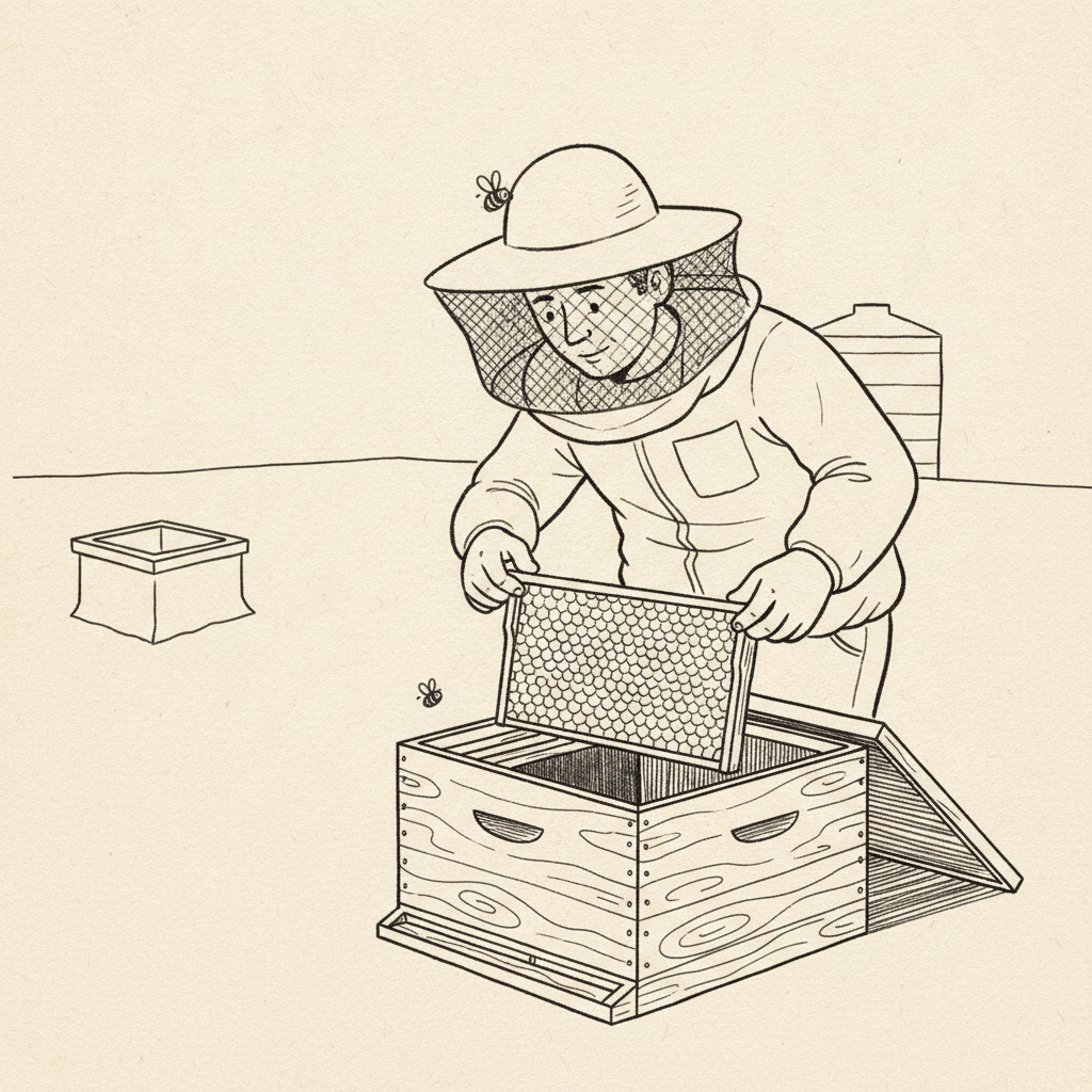 Draw a square black-and-white editorial vignette of an adult rooftop beekeeper carefully lifting one honeycomb frame from a low wooden hive. The beekeeper bends