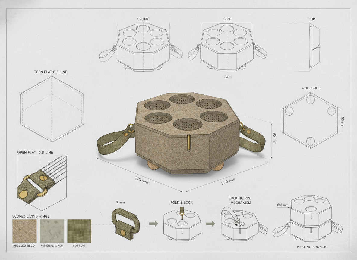 Create a 4:3 industrial-design presentation sheet for an original returnable bakery carrier called REED SIX, made to transport six morning rolls without disposa