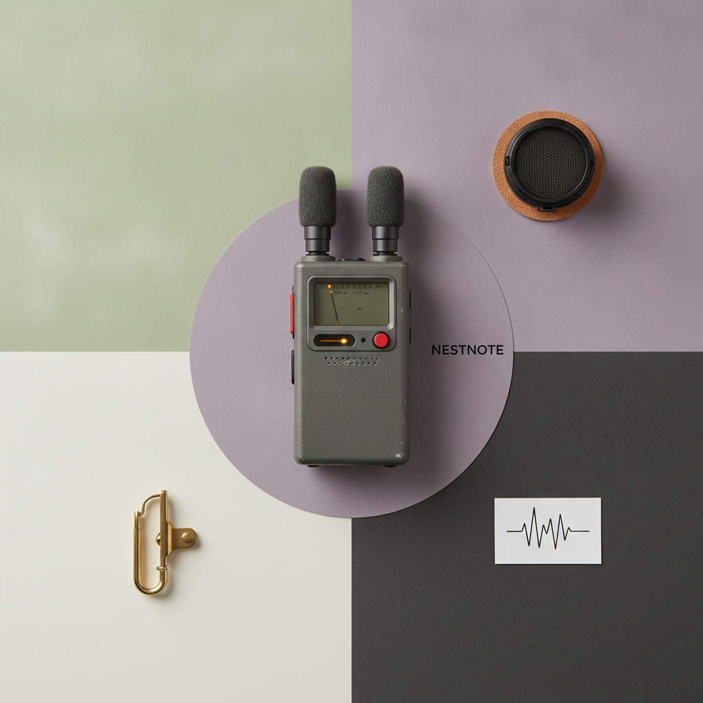 Design a square campaign image for NESTNOTE, a fictional pocket field recorder for documenting neighborhood bird calls. Use a clean 2x2 grid of matte blocks in