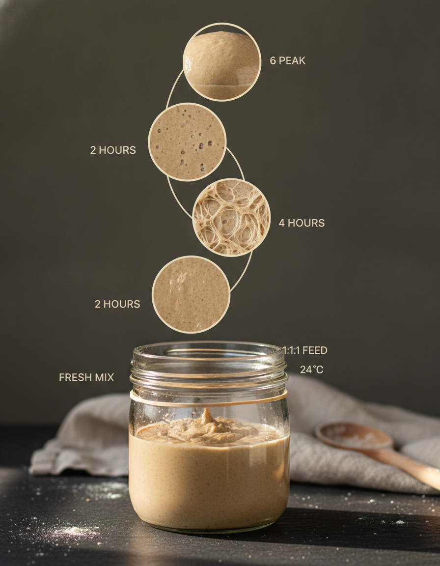 Create a photorealistic 4:5 editorial food infographic explaining the first six hours after feeding a rye sourdough starter. Anchor the composition with one cle