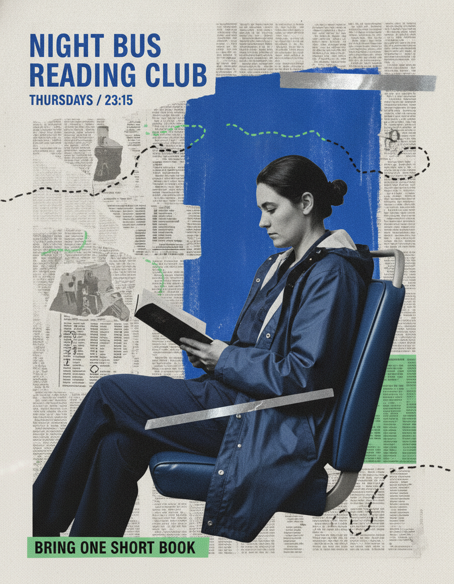 Design a 4:5 mixed-media poster for a fictional public event called NIGHT BUS READING CLUB. The central photograph is an adult hospital worker seated sideways o