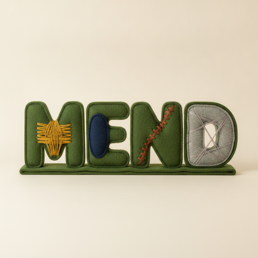 Create a square studio photograph of the exact word MEND built as one continuous freestanding textile sculpture. The four uppercase letters are broad, softly sq