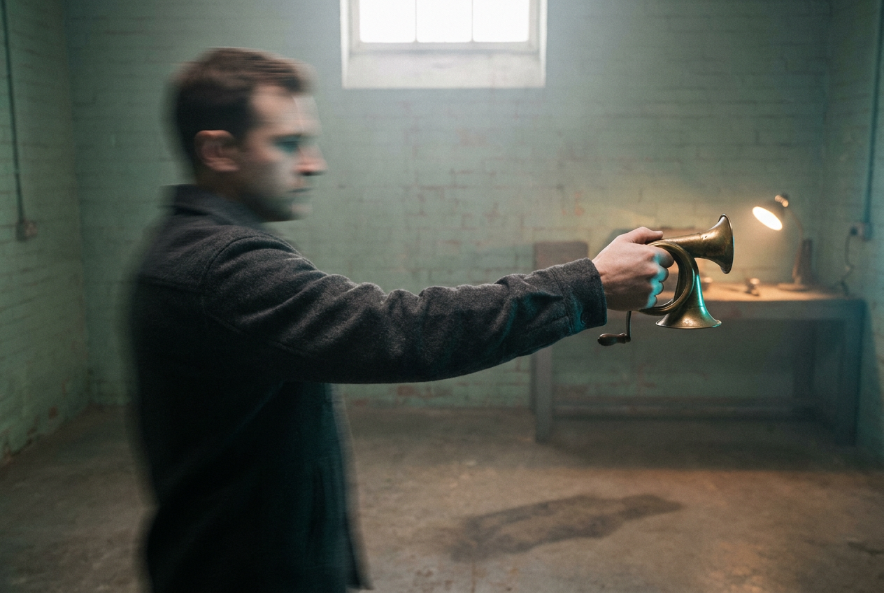 Create a cinematic 3:2 slow-shutter photograph inside an old harbor signal rehearsal room. An adult foghorn technician in a heavy charcoal wool overshirt steps