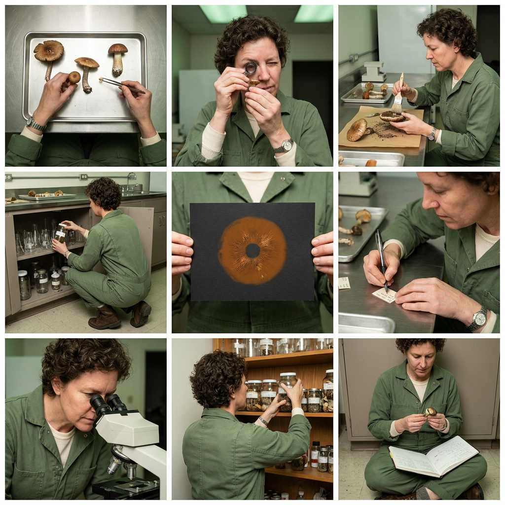 Create one square 3x3 photographic grid documenting the same adult field mycologist during a late-night specimen session in a modest laboratory. Maintain exactl