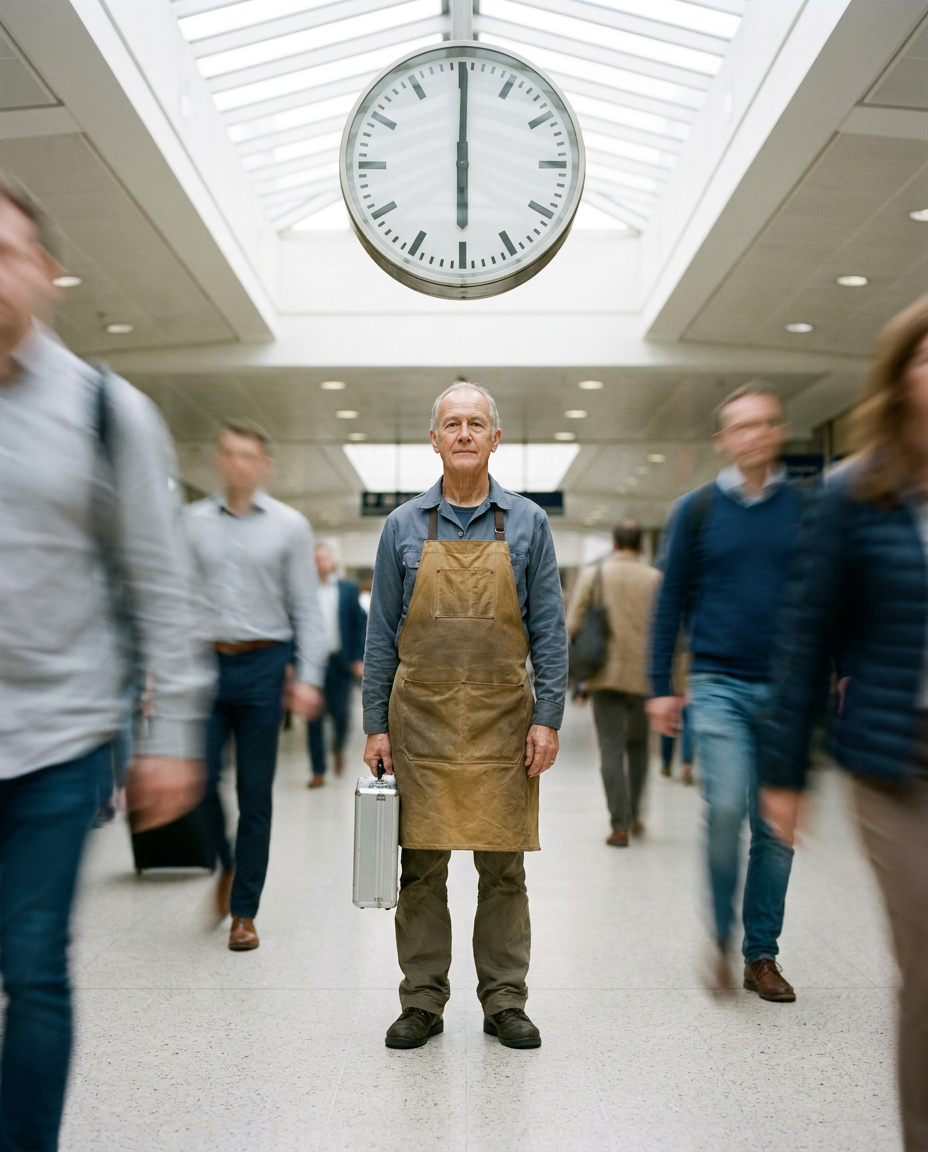 Create a photorealistic 4:5 editorial portrait in a bright railway concourse at the start of morning service. An older adult station clock repairer stands perfe