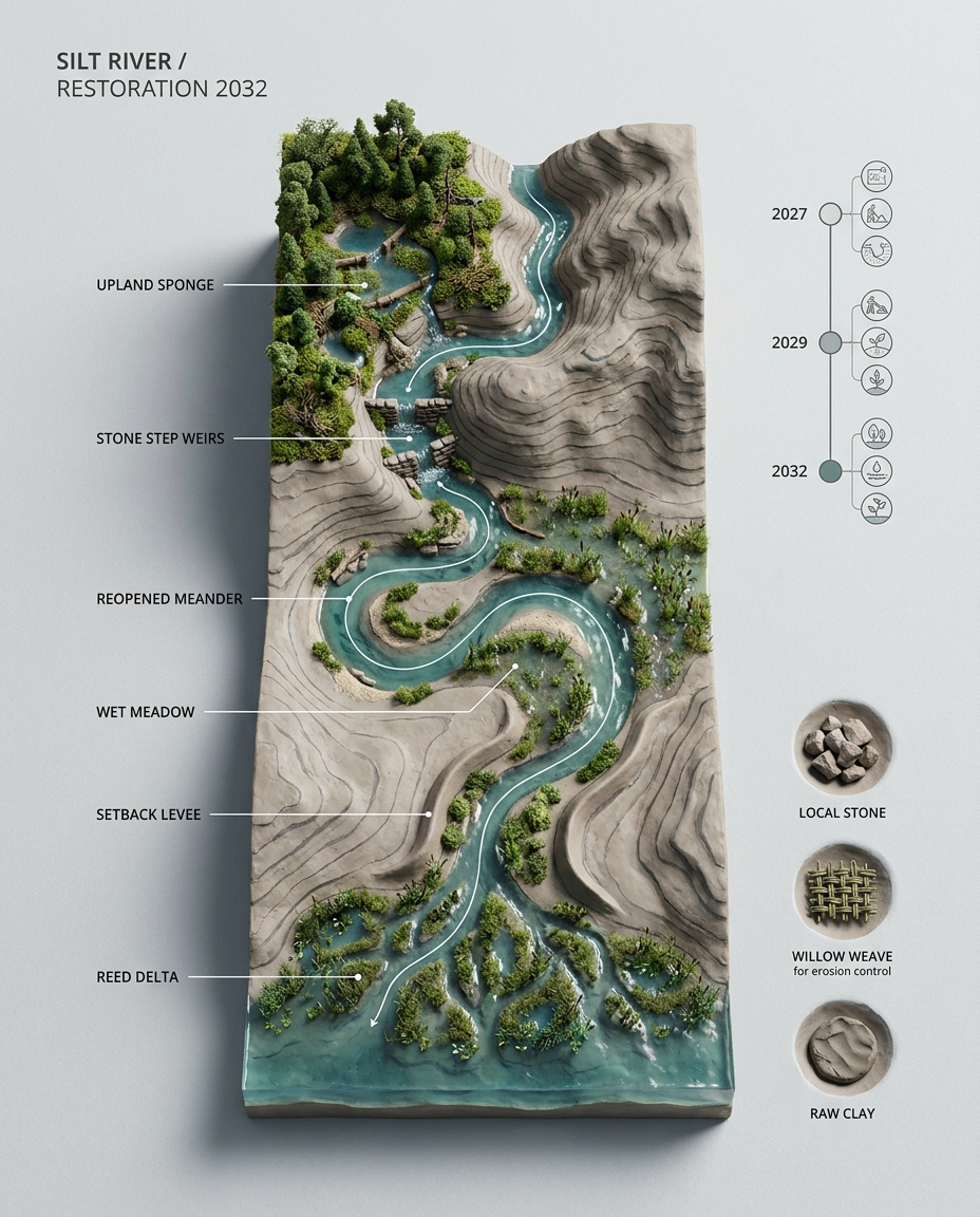 Create a premium 4:5 raised-terrain infographic titled SILT RIVER / RESTORATION 2032. The subject is an entirely fictional watershed, not a country or known pla