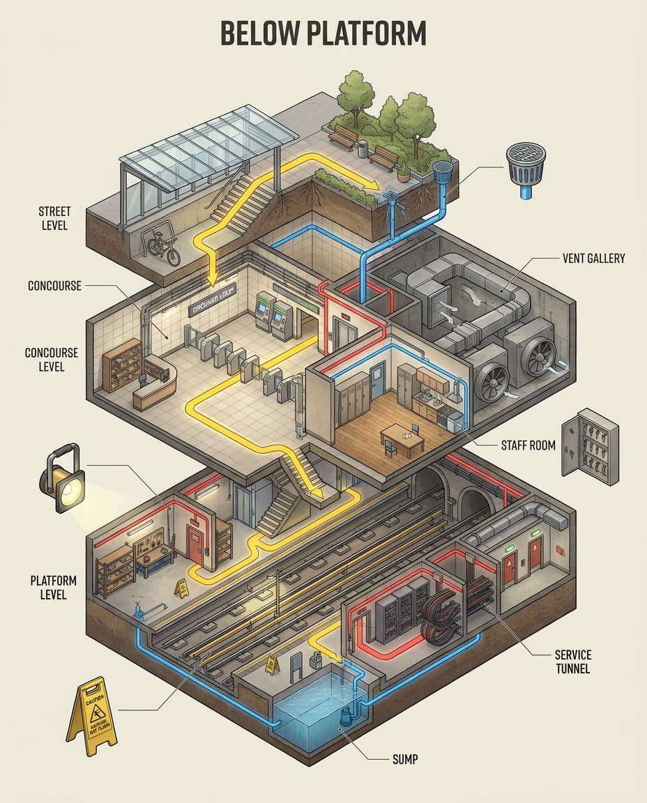 Create a detailed 4:5 axonometric cutaway guide titled BELOW PLATFORM, showing the hidden service spaces of a fictional underground transit station named ORCHAR