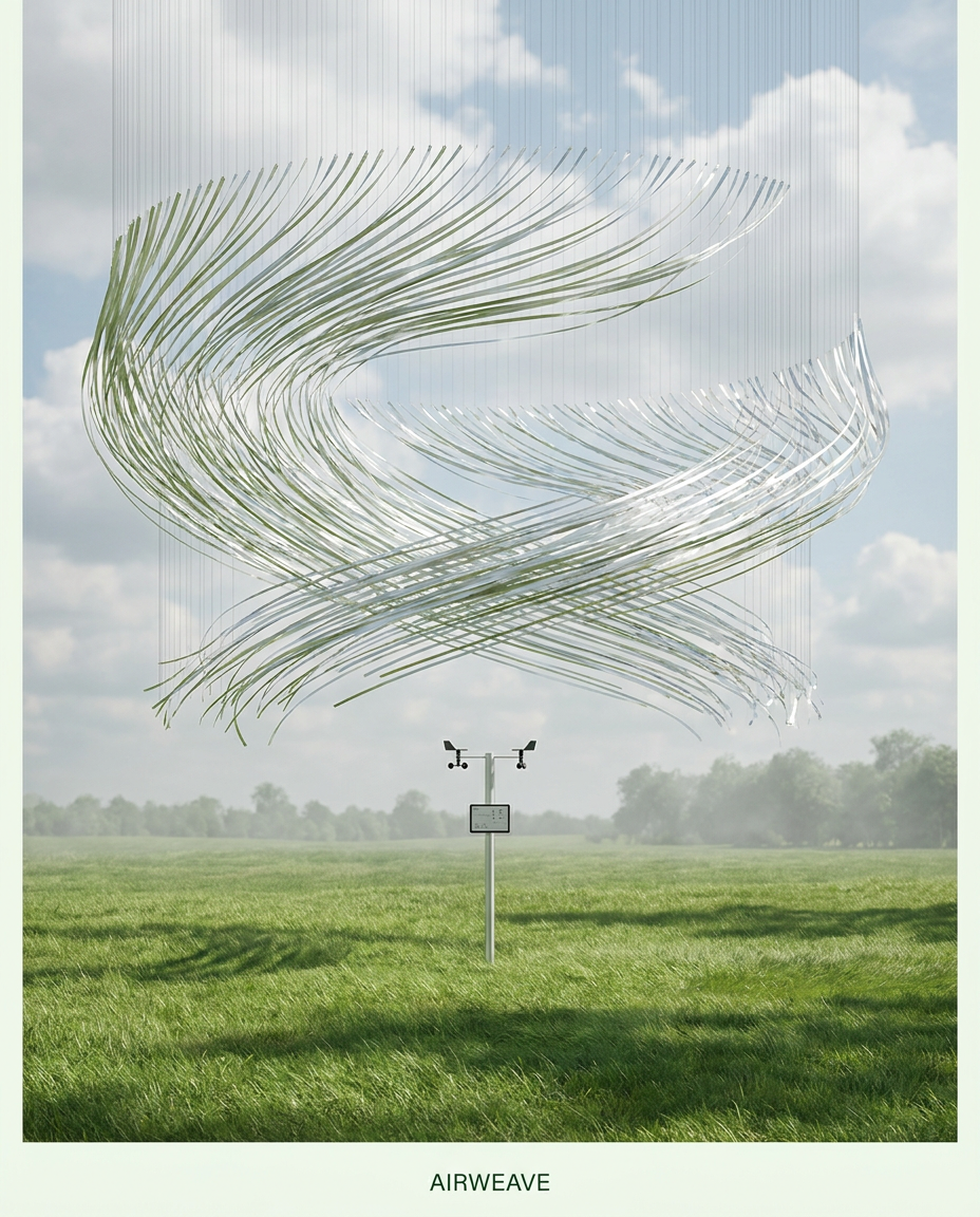Create a minimal surreal 4:5 campaign photograph for AIRWEAVE, a fictional outdoor airflow monitor used by landscape designers. In a broad green test meadow, th