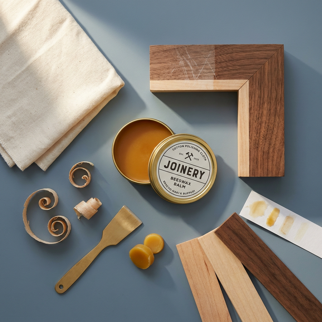 Create a photorealistic square top-down campaign still life for JOINERY, a fictional beeswax repair balm for scratched wooden furniture. Center an open low bras