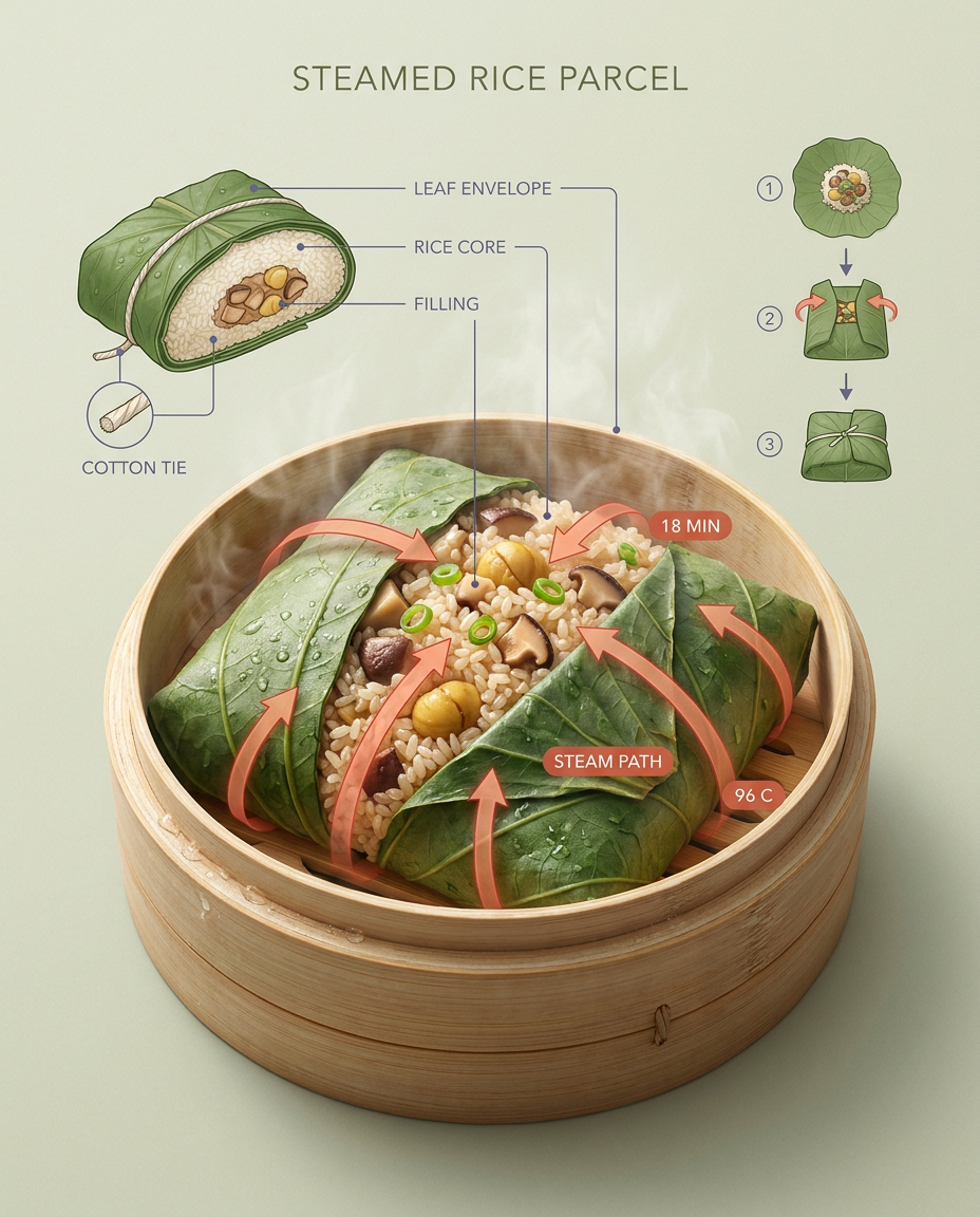 Create a 4:5 culinary process plate titled STEAMED RICE PARCEL. Center a photoreal leaf-wrapped rice parcel in three-quarter view inside a shallow bamboo steame