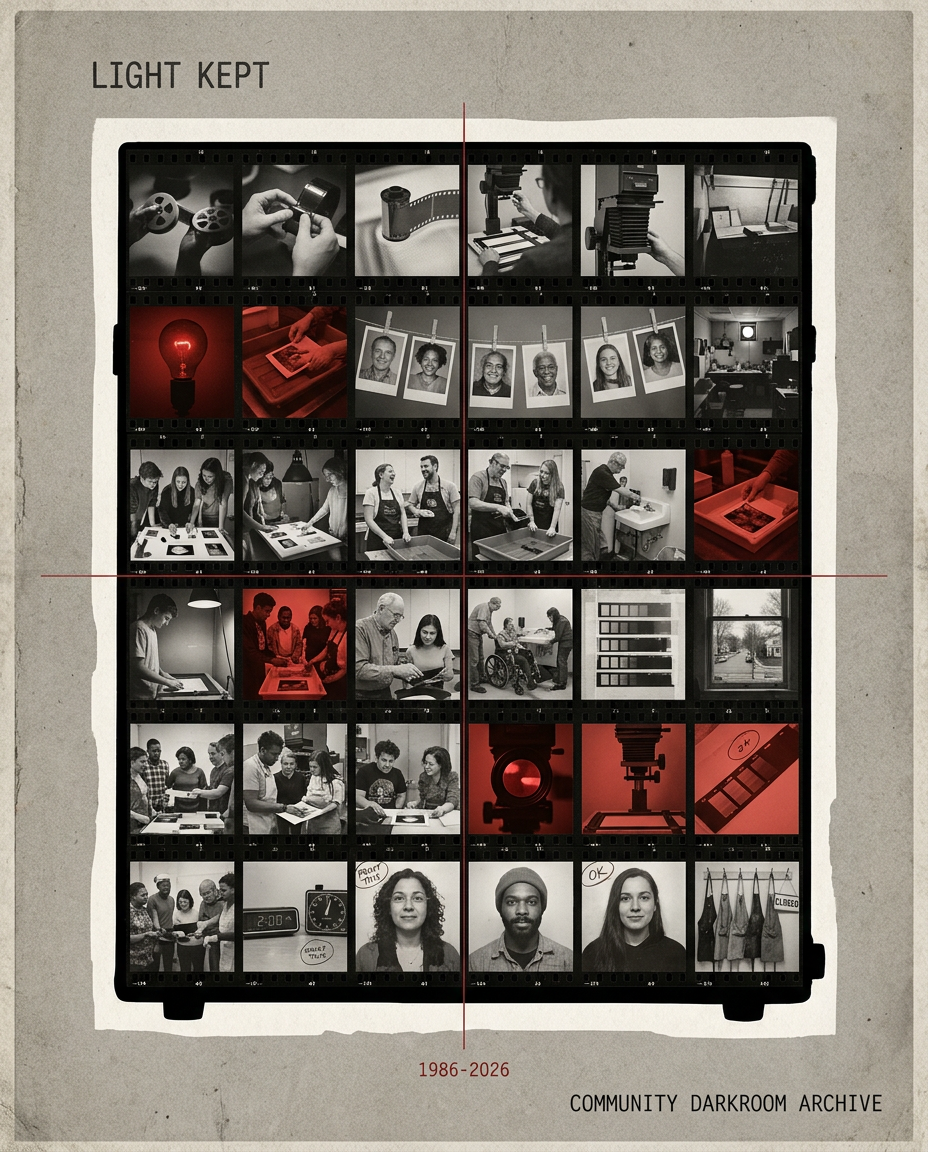 Design a 4:5 archival poster for a fictional exhibition titled LIGHT KEPT / 40 YEARS OF THE COMMUNITY DARKROOM. Center a large high-contrast silhouette of a cla