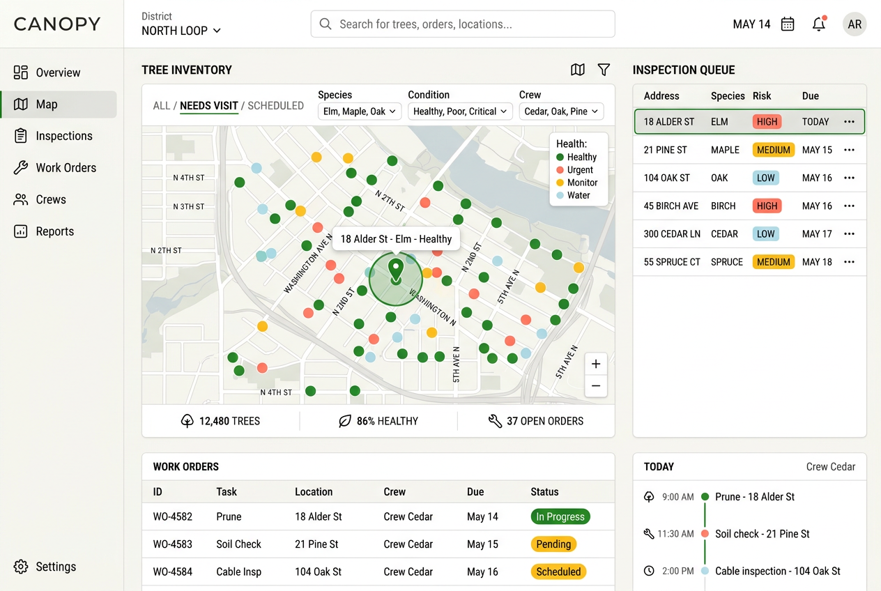 Create a high-fidelity 3:2 desktop application screenshot for CANOPY, a fictional municipal urban-tree operations tool. Use a quiet light theme with warm-white