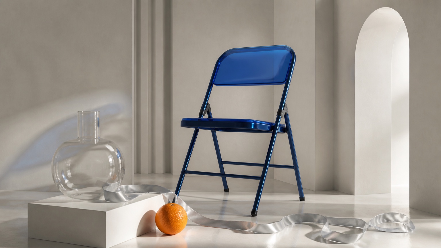 Product scene with a blue chair, glass vessel, orange, and silver ribbon