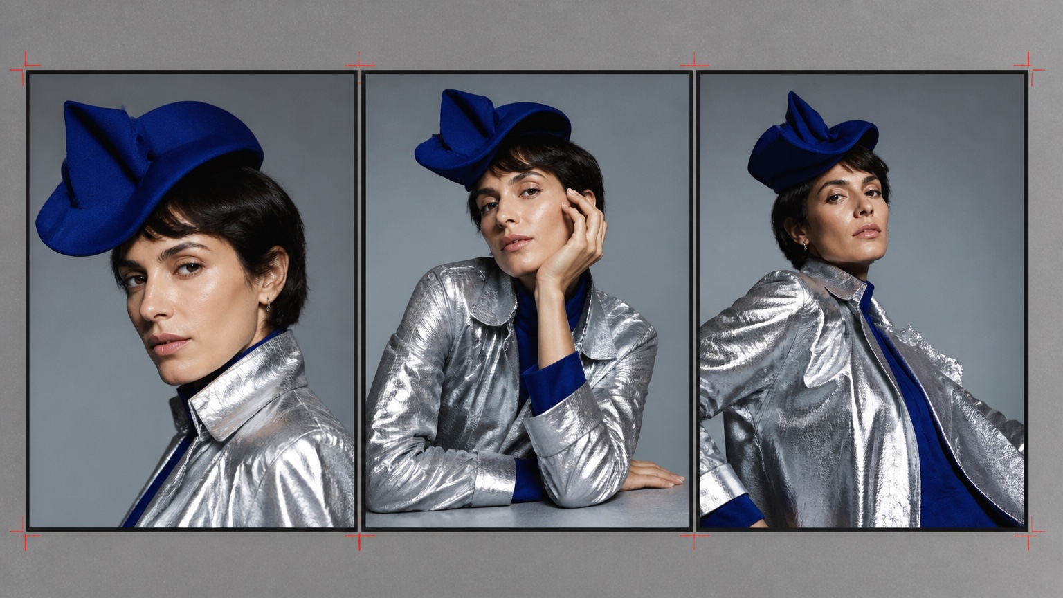 Three-frame fashion identity consistency with the same model and cobalt hat