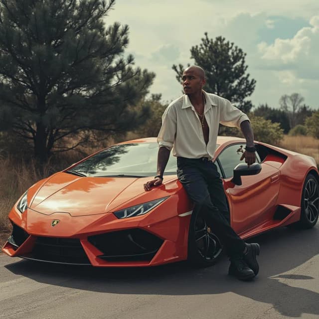 a man named robert turner penton the 3rd leaning on his lamborghini.