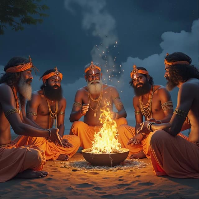 It's BF 2000 years back Ancient India. 5 Rushi Munis from south india performing Ritual at Yagna in Night. They were giving Havisu to lord Agni ( Fire ). Let them pray Agni. Sky Background