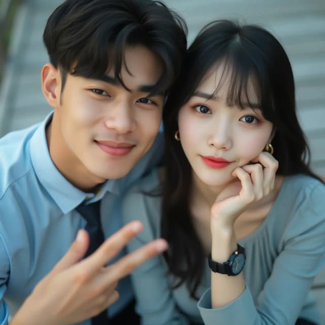 Raw photography 4D, extremely detailed and realistic, A close-up, slightly impressionistic portrait of a young man and beautiful woman. The Asian handsome man, with dark hair and a light blue button-down shirt and dark tie, is on the left, and appears to be making a peace sign with his left hand. He has a pleasant expression. The woman, with dark hair and a light gray/blue long-sleeved top and pants, is seated next to him. She has a delicate expression and is resting her right hand on her chin, while wearing a watch. Both are looking at the camera. The setting appears to be outdoors, on a lightly shaded wooden deck or patio. Soft, diffused daylight illuminates the scene, creating a warm, slightly pastel aesthetic. The background is out-of-focus, slightly blurred, and a pastel blue-grey. The image has a gentle, romantic feel. The focus is on the subjects' faces and the interaction between them.