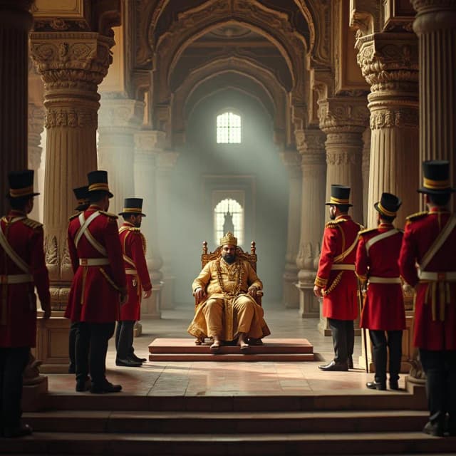 Majestic 1800s Indian palace throne room, ornate pillars with intricate carvings, Raja Jayakrushna Deo in royal attire sitting on golden throne, British colonial officers in red uniforms confronting him, dramatic lighting through arched windows, period accurate costumes, cinematic composition, historical drama film style