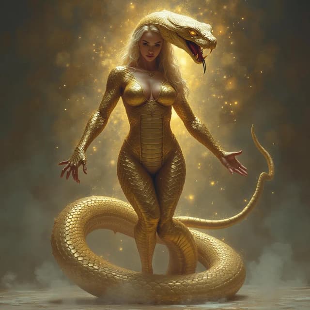 > `Anthropomorphic snake woman transformation. Beautiful female human face and upper chest with normal skin, but rapidly transitioning into shimmering golden snake scales covering her voluptuous breasts, torso, arms, and legs. Slit-pupil eyes glow with magic. Standing in a defensive pose, clawed hands ready. Lower body could be human legs covered in scales ending in claws, or a tail. High fantasy concept art, detailed skin-to-scale transition, magical aura, intricate, digital painting, 8k.` `Entirely scaled`, `Scaled skin from neck down`, `Patches of scales on human skin`. `Human head with snake eyes/tongue/fangs`, `Human head with scaled scalp/no hair`, `More serpentine head shape with human elements`. `Menacing`, `Alluring`. `High fantasy`
