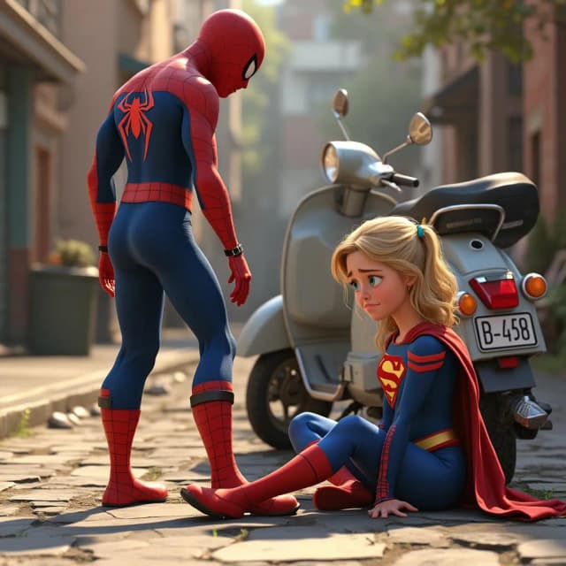 Pixar hyper-realistic style, full body Spider-Man turning to look at Supergirl sitting on ground crying, broken scooter behind her, sunny background