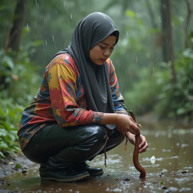 style recording yourself fropesional experienced in his stunning action by youtuber, a youtuber explore is exploring the remote village, beautiful atmosphere in the forest, there are villagers, a youtuber young adult malay ETNICITY white shiny milk skins almost pale, physically attractive in jumbo size, ideal fat plump, busty, great protruding power, full of lust, wearing pro muslim hijab in OOTD, wearing shiny black plastic pants in the upper body area clothing style is more colorful in the style of alternating colored fabrics, muslim hijab in rainfall seen kneeling down to find a big worm then holding the worm and talking to the YouTube audience