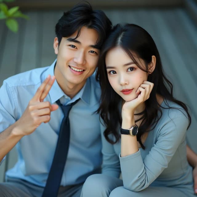 Raw photography 4D, extremely detailed and realistic, A close-up, slightly impressionistic portrait of a young man and beautiful woman. The Asian handsome man, with dark hair and a light blue button-down shirt and dark tie, is on the left, and appears to be making a peace sign with his left hand. He has a pleasant expression. The woman, sexy body big boobs with dark hair and a light gray/blue long-sleeved top and pants, is seated next to him. She has a delicate expression and is resting her right hand on her chin, while wearing a watch. Both are looking at the camera. The setting appears to be outdoors, on a lightly shaded wooden deck or patio. Soft, diffused daylight illuminates the scene, creating a warm, slightly pastel aesthetic. The background is out-of-focus, slightly blurred, and a pastel blue-grey. The image has a gentle, romantic feel. The focus is on the subjects' faces and the interaction between them.