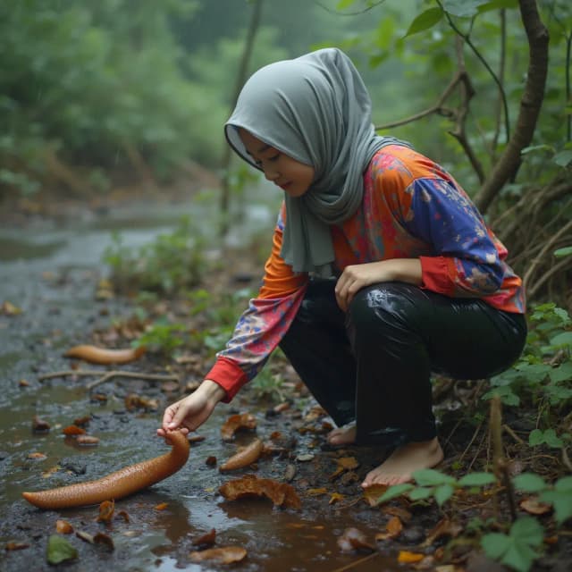 style recording yourself fropesional experienced in his stunning action by youtuber, a youtuber explore is exploring the remote village, beautiful atmosphere in the forest, there are villagers, a youtuber young adult malay ETNICITY white shiny milk skins almost pale, physically attractive in jumbo size, ideal fat plump, busty, great protruding power, full of lust, wearing pro muslim hijab in OOTD, wearing shiny black plastic pants in the upper body area clothing style is more colorful in the style of alternating colored fabrics, muslim hijab in rainfall seen kneeling down to find a big worm then holding the worm and talking to the YouTube audience