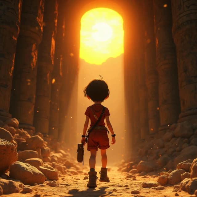 A teenage explorer girl with short dark hair, wearing a dusty red adventure outfit and golden necklace, steps into a mysterious ancient sun temple. Sunlight beams cut through the dark, golden dust particles in the air, mysterious symbols glowing on stone walls. Cinematic adventure scene, ultra-detailed, 8k, by Disney-Pixar style.
