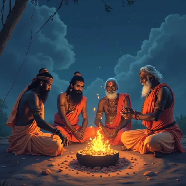 It's BF 2000 years back Ancient India. 5 Rushi Munis from south india performing Ritual at Yagna in Night. They were giving Havisu to lord Agni ( Fire ). Let them pray Agni. Sky Background