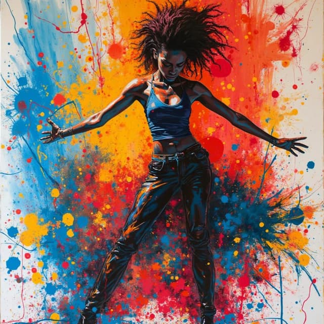 A vibrant, Abstract Expressionist portrait of a dynamic, Pop Dancer, with
bold, gestural brushstrokes a la Jackson Pollock.
No text, no letters, no signatures, no symbols, no captions anywhere in the image.
Full-frame composition, no white borders or empty corners, image fills entire canvas. Edge-to-edge detail, no padding, image extends fully to all sides.