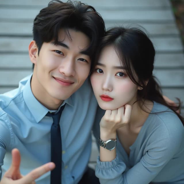 Raw photography 4D, extremely detailed and realistic, A close-up, slightly impressionistic portrait of a young man and beautiful woman. The Asian handsome man, with dark hair and a light blue button-down shirt and dark tie, is on the left, and appears to be making a peace sign with his left hand. He has a pleasant expression. The woman, with dark hair and a light gray/blue long-sleeved top and pants, is seated next to him. She has a delicate expression and is resting her right hand on her chin, while wearing a watch. Both are looking at the camera. The setting appears to be outdoors, on a lightly shaded wooden deck or patio. Soft, diffused daylight illuminates the scene, creating a warm, slightly pastel aesthetic. The background is out-of-focus, slightly blurred, and a pastel blue-grey. The image has a gentle, romantic feel. The focus is on the subjects' faces and the interaction between them.