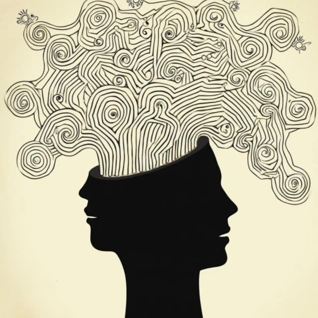 A head silhouette with spiraling thoughts coming out as waves, each wave containing miniature symbols like the Om, triangle, eye, and infinity, radiating outward in sacred curves.