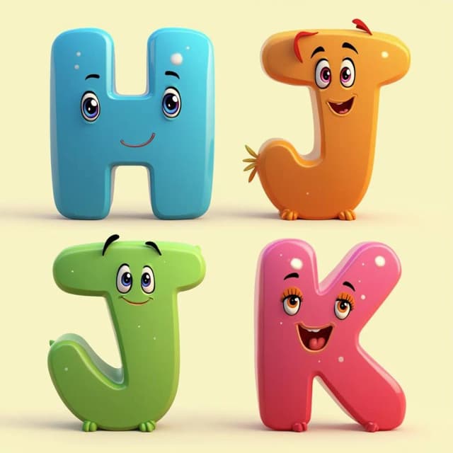 Create a playful and colorful animated digital 3D illustration showing exactly four letters: H, I, J, and K — in this exact sequence: H I J K.
Each letter must be shown clearly and completely.
Give every letter:
A different bright color
A friendly cartoon face with two beautiful eyes, eyebrows, a small nose, and a unique mouth
The illustration should have a soothing and cheerful style designed for toddlers and preschool children.
Emphasize: Do not skip or omit any letter. All four letters (H, I, J, and K) must be fully visible.
Each alphabet letter is personified — give every character:
Each letter should be in a different bright color.
