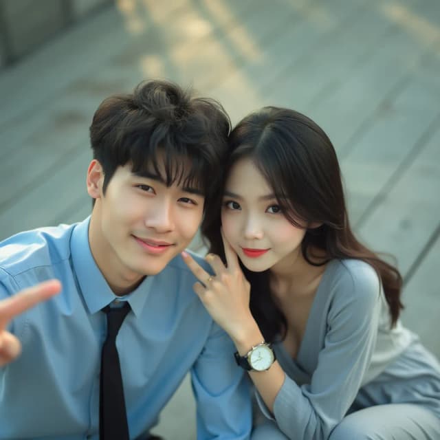Raw photography 4D, extremely detailed and realistic, A close-up, slightly impressionistic portrait of a young man and beautiful woman. The Asian handsome man, with dark hair and a light blue button-down shirt and dark tie, is on the left, and appears to be making a peace sign with his left hand. He has a pleasant expression. The woman, sexy with dark hair and a light gray/blue long-sleeved top and pants, is seated next to him. She has a delicate expression and is resting her right hand on her chin, while wearing a watch. Both are looking at the camera. The setting appears to be outdoors, on a lightly shaded wooden deck or patio. Soft, diffused daylight illuminates the scene, creating a warm, slightly pastel aesthetic. The background is out-of-focus, slightly blurred, and a pastel blue-grey. The image has a gentle, romantic feel. The focus is on the subjects' faces and the interaction between them.