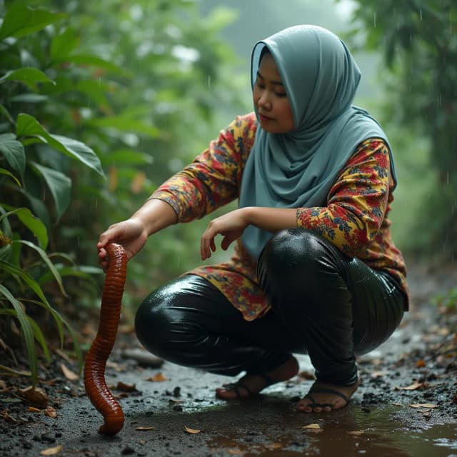 style recording yourself fropesional experienced in his stunning action by youtuber, a youtuber explore is exploring the remote village, beautiful atmosphere in the forest, there are villagers, a youtuber young adult malay ETNICITY white shiny milk skins almost pale, physically attractive in jumbo size, ideal fat plump, busty, great protruding power, full of lust, wearing pro muslim hijab in OOTD, wearing shiny black plastic pants in the upper body area clothing style is more colorful in the style of alternating colored fabrics, muslim hijab in rainfall seen kneeling down to find a big worm then holding the worm and talking to the YouTube audience