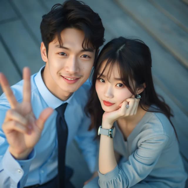 Raw photography 4D, extremely detailed and realistic, A close-up, slightly impressionistic portrait of a young man and beautiful woman. The Asian handsome man, with dark hair and a light blue button-down shirt and dark tie, is on the left, and appears to be making a peace sign with his left hand. He has a pleasant expression. The woman, with dark hair and a light gray/blue long-sleeved top and pants, is seated next to him. She has a delicate expression and is resting her right hand on her chin, while wearing a watch. Both are looking at the camera. The setting appears to be outdoors, on a lightly shaded wooden deck or patio. Soft, diffused daylight illuminates the scene, creating a warm, slightly pastel aesthetic. The background is out-of-focus, slightly blurred, and a pastel blue-grey. The image has a gentle, romantic feel. The focus is on the subjects' faces and the interaction between them.