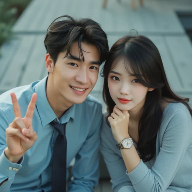 Raw photography 4D, extremely detailed and realistic, A close-up, slightly impressionistic portrait of a young man and beautiful woman. The Asian handsome man, with dark hair and a light blue button-down shirt and dark tie, is on the left, and appears to be making a peace sign with his left hand. He has a pleasant expression. The woman, sexy body big boobs with dark hair and a light gray/blue long-sleeved top and pants, is seated next to him. She has a delicate expression and is resting her right hand on her chin, while wearing a watch. Both are looking at the camera. The setting appears to be outdoors, on a lightly shaded wooden deck or patio. Soft, diffused daylight illuminates the scene, creating a warm, slightly pastel aesthetic. The background is out-of-focus, slightly blurred, and a pastel blue-grey. The image has a gentle, romantic feel. The focus is on the subjects' faces and the interaction between them.