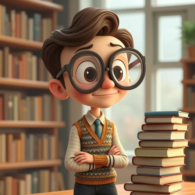A 3D cartoon librarian with oversized round glasses, a sweater vest, and a tall stack of books, looking slightly overwhelmed but cheerful.