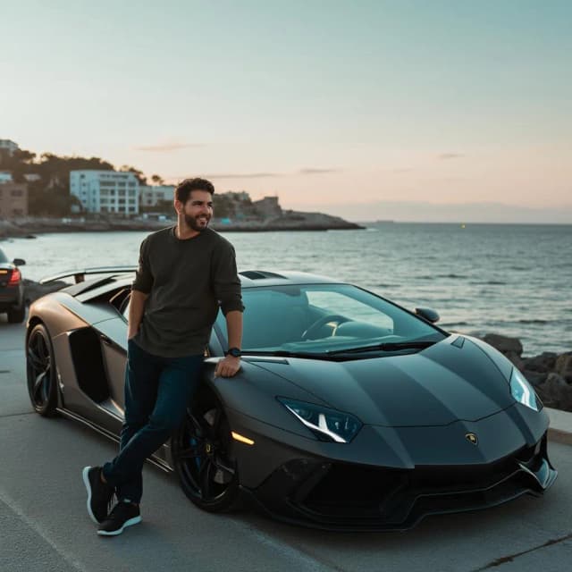 a man by a bay leaning on his lamborghini.