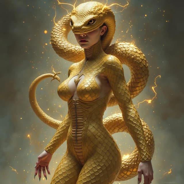 > `Anthropomorphic snake woman transformation. Beautiful female human face and upper chest with normal skin, but rapidly transitioning into shimmering golden snake scales covering her voluptuous breasts, torso, arms, and legs. Slit-pupil eyes glow with magic. Standing in a defensive pose, clawed hands ready. Lower body could be human legs covered in scales ending in claws, or a tail. High fantasy concept art, detailed skin-to-scale transition, magical aura, intricate, digital painting, 8k.` `Entirely scaled`, `Scaled skin from neck down`, `Patches of scales on human skin`. `Human head with snake eyes/tongue/fangs`, `Human head with scaled scalp/no hair`, `More serpentine head shape with human elements`. `Menacing`, `Alluring`. `High fantasy`