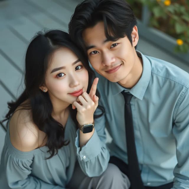 Raw photography 4D, extremely detailed and realistic, A close-up, slightly impressionistic portrait of a young man and beautiful woman. The Asian handsome man, with dark hair and a light blue button-down shirt and dark tie, is on the left, and appears to be making a peace sign with his left hand. He has a pleasant expression. The woman, sexy with dark hair and a light gray/blue long-sleeved top and pants, is seated next to him. She has a delicate expression and is resting her right hand on her chin, while wearing a watch. Both are looking at the camera. The setting appears to be outdoors, on a lightly shaded wooden deck or patio. Soft, diffused daylight illuminates the scene, creating a warm, slightly pastel aesthetic. The background is out-of-focus, slightly blurred, and a pastel blue-grey. The image has a gentle, romantic feel. The focus is on the subjects' faces and the interaction between them.