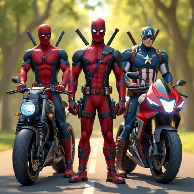 Pixar hyper-realistic style, full body view of Spider-Man, Deadpool and Captain America standing side-by-side facing the camera with confident poses, each next to a luxury futuristic motorbike, bright sunny wedding park background
