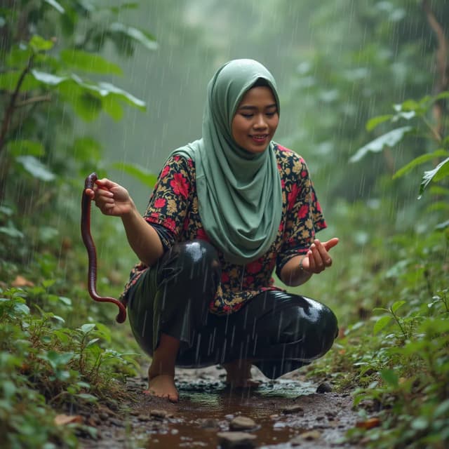 style recording yourself fropesional experienced in his stunning action by youtuber, a youtuber explore is exploring the remote village, beautiful atmosphere in the forest, there are villagers, a youtuber young adult malay ETNICITY white shiny milk skins almost pale, physically attractive in jumbo size, ideal fat plump, busty, great protruding power, full of lust, wearing pro muslim hijab in OOTD, wearing shiny black plastic pants in the upper body area clothing style is more colorful in the style of alternating colored fabrics, muslim hijab in rainfall seen kneeling down to find a big worm then holding the worm and talking to the YouTube audience