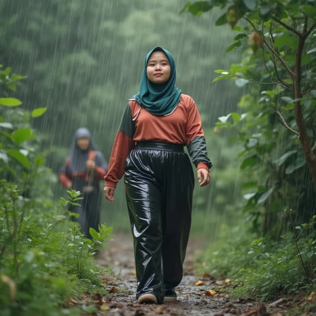 style recording yourself fropesional experienced in his stunning action by youtuber, a youtuber explore is exploring the remote village, beautiful atmosphere in the forest, there are villagers, a youtuber young adult malay ETNICITY white shiny milk skins almost pale, physically attractive in jumbo size, ideal fat plump, busty, great protruding power, full of lust, wearing pro muslim hijab in OOTD, wearing shiny black plastic pants in the upper body area clothing style is more colorful in the style of alternating colored fabrics, muslim hijab in rainfall recording her journey by exploring recording herself talking to the audience youtube viewers , taking pictures of Muslim hijab from various positions and movements