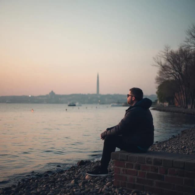 a man sitting by a bay.