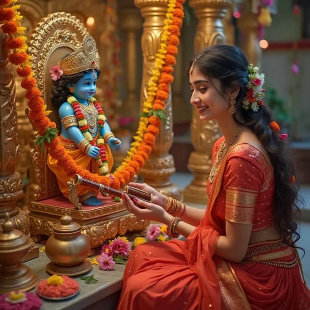 A beautiful young woman in a traditional lehenga (Radha-style), with moist eyes and a peaceful smile, offering flowers to Lord Krishna’s idol in a decorated temple. Background filled with garlands, butter pots, flute