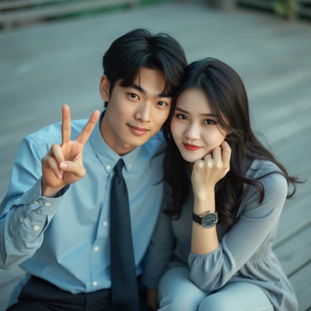 Raw photography 4D, extremely detailed and realistic, A close-up, slightly impressionistic portrait of a young man and beautiful woman. The Asian handsome man, with dark hair and a light blue button-down shirt and dark tie, is on the left, and appears to be making a peace sign with his left hand. He has a pleasant expression. The woman, with dark hair and a light gray/blue long-sleeved top and pants, is seated next to him. She has a delicate expression and is resting her right hand on her chin, while wearing a watch. Both are looking at the camera. The setting appears to be outdoors, on a lightly shaded wooden deck or patio. Soft, diffused daylight illuminates the scene, creating a warm, slightly pastel aesthetic. The background is out-of-focus, slightly blurred, and a pastel blue-grey. The image has a gentle, romantic feel. The focus is on the subjects' faces and the interaction between them.