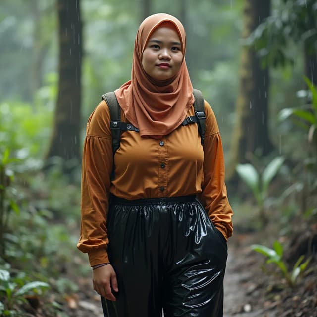style recording yourself fropesional experienced in his stunning action by youtuber, a youtuber explore is exploring the remote village, beautiful atmosphere in the forest, there are villagers, a youtuber young adult malay ETNICITY white shiny milk skins almost pale, physically attractive in jumbo size, ideal fat plump, busty, great protruding power, full of lust, wearing pro muslim hijab in OOTD, wearing shiny black plastic pants in the upper body area clothing style is more colorful in the style of alternating colored fabrics, muslim hijab in rainfall recording her journey by exploring recording herself talking to the audience youtube viewers , taking pictures of Muslim hijab from various positions and movements