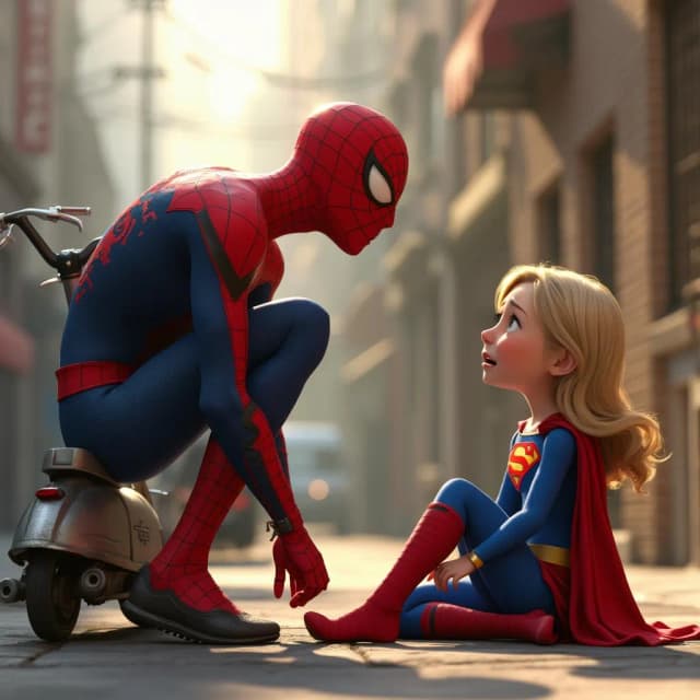 Pixar hyper-realistic style, full body Spider-Man turning to look at Supergirl sitting on ground crying, broken scooter behind her, sunny background